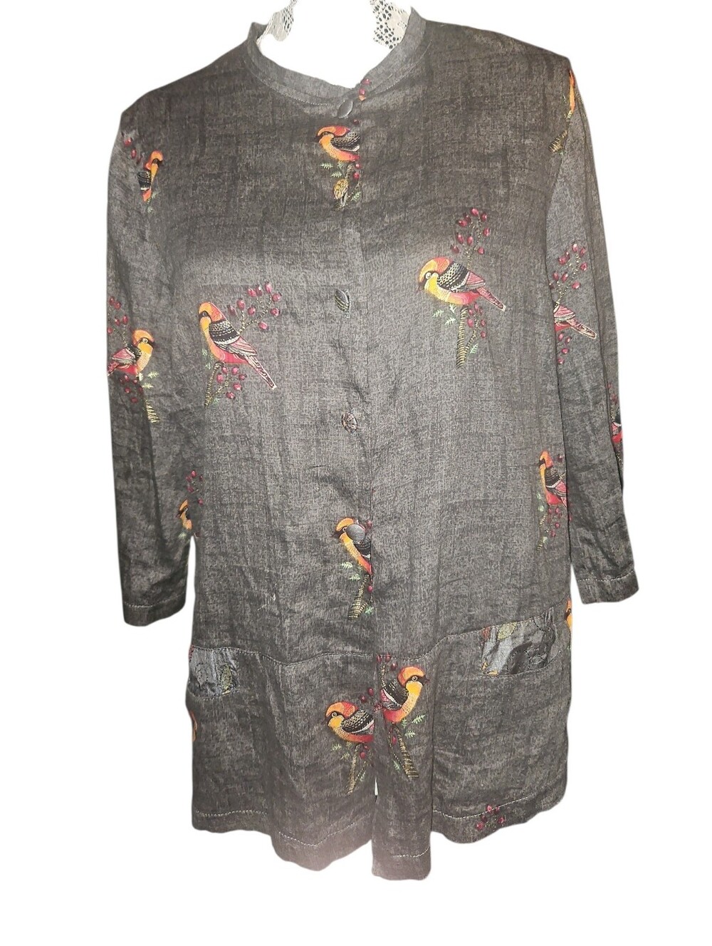 Cotton Embroidered Bird Detail Dark Gray Top